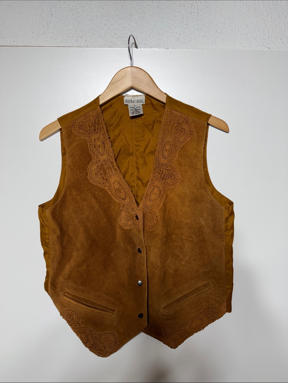 Anchor Blue Vintage Suede Leather Vest featuring lace embroidery details - Picture 6 of 15